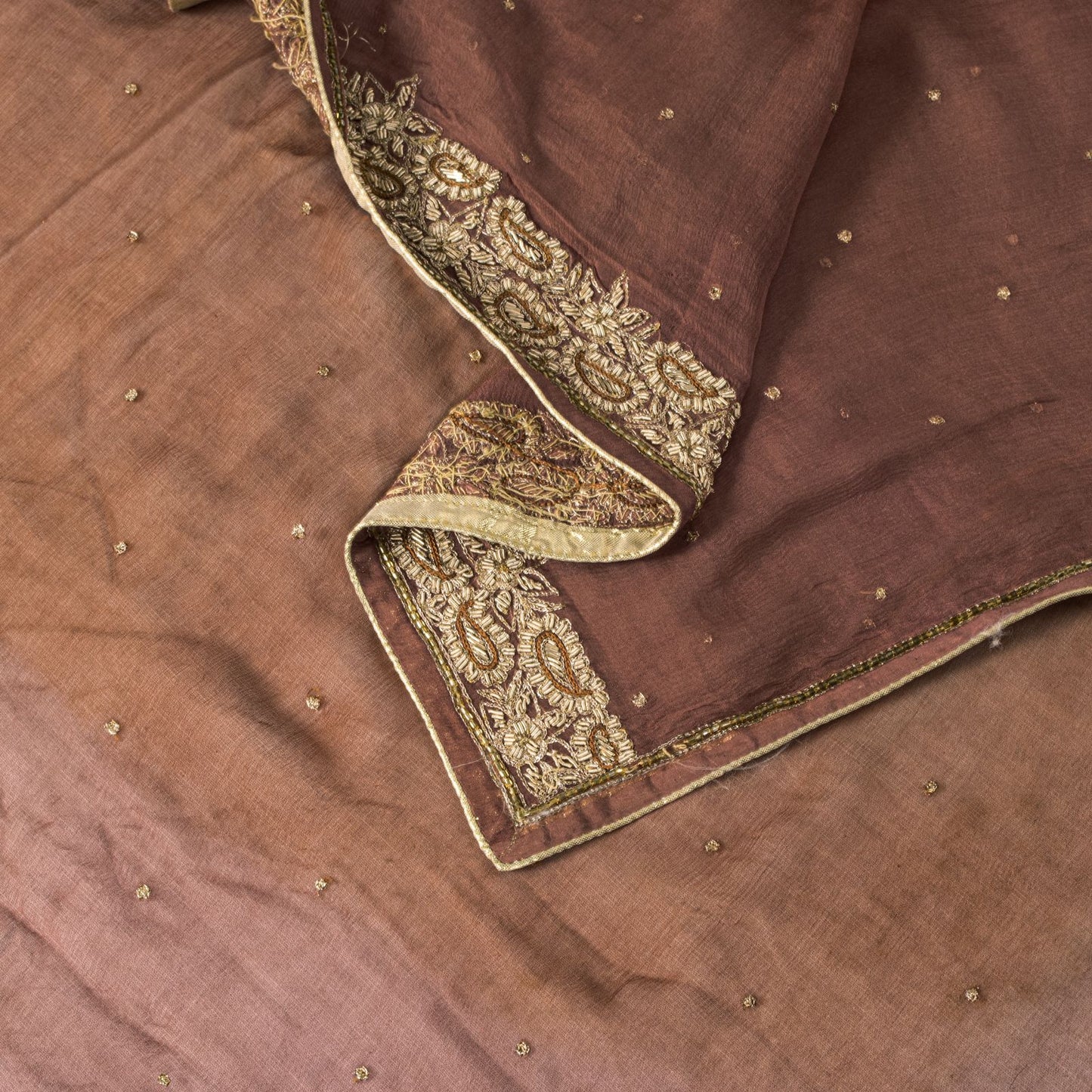 Sanskriti Vintage Brown Pure Chiffon Dupatta/Stole Hand Embroidered Zardozi Veil