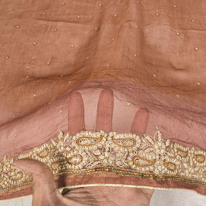 Sanskriti Vintage Brown Pure Chiffon Dupatta/Stole Hand Embroidered Zardozi Veil