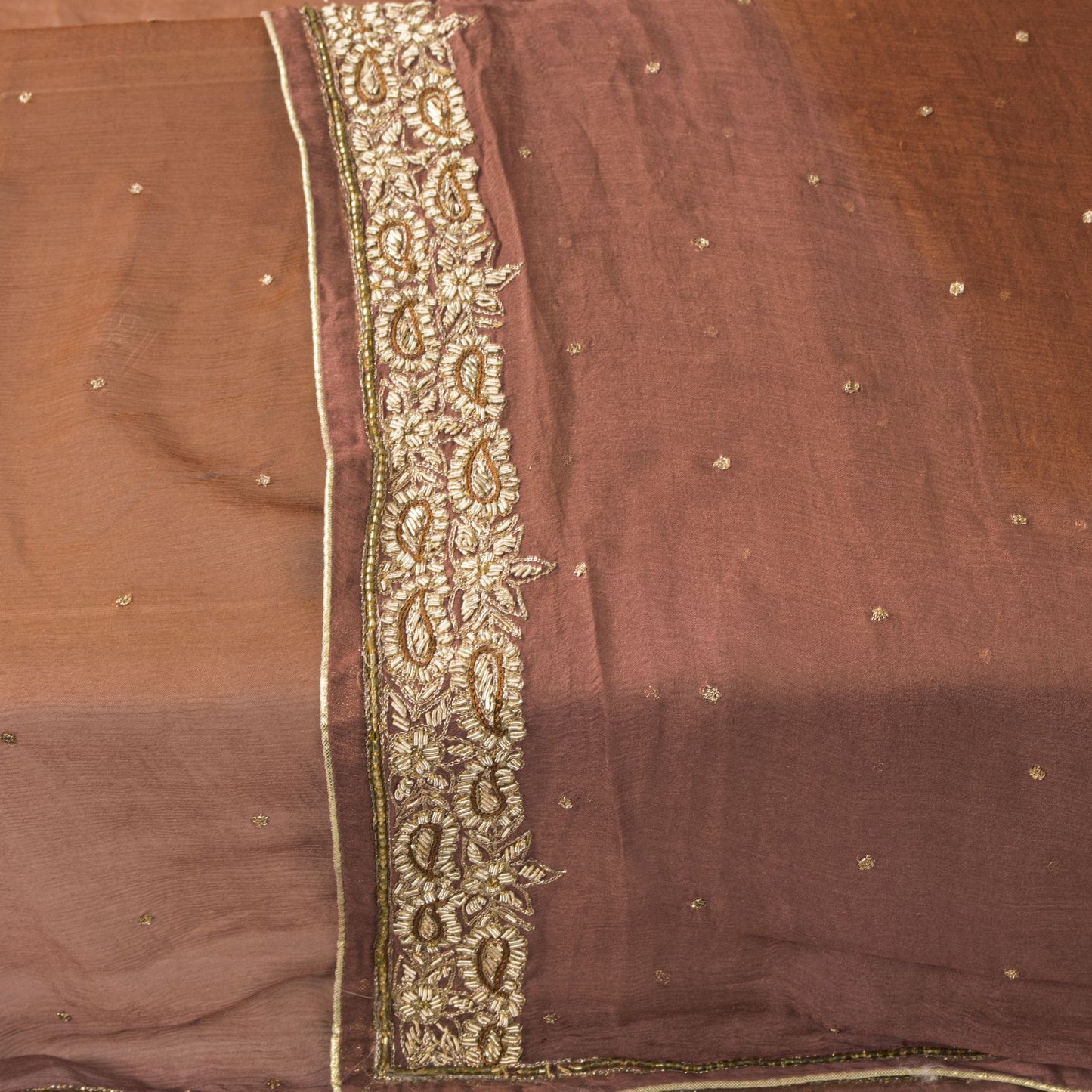 Sanskriti Vintage Brown Pure Chiffon Dupatta/Stole Hand Embroidered Zardozi Veil