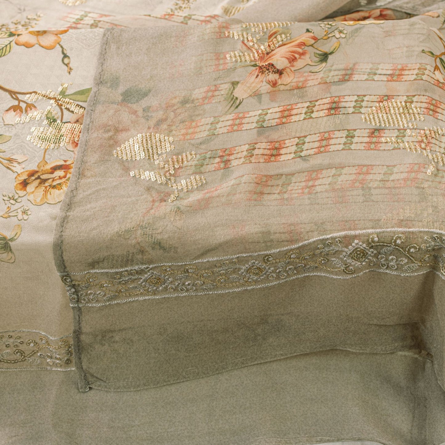 Sanskriti Vintage Gray Pure Georgette Dupatta/Stole Digital Print-Sequins Veil