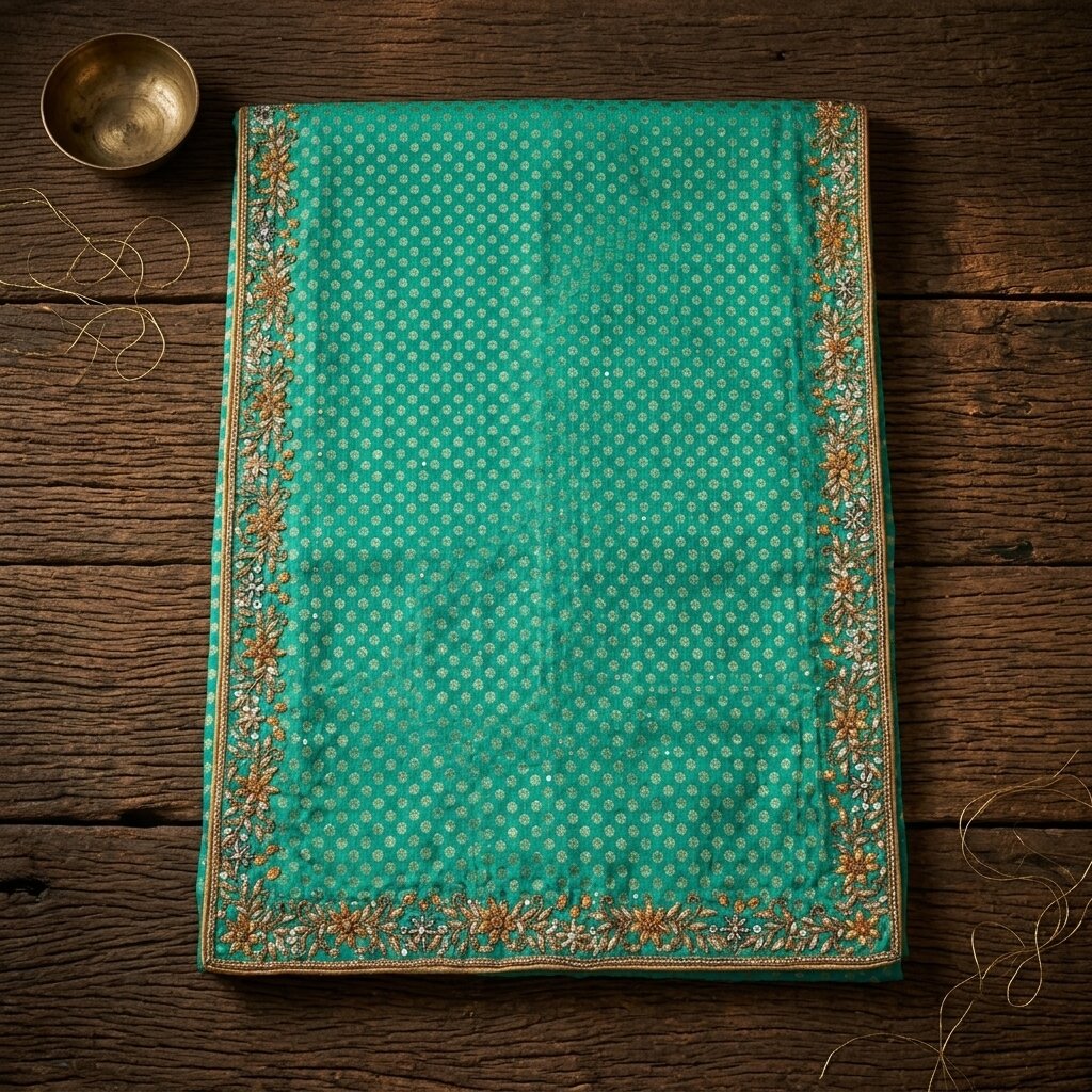 Sanskriti Vintage Green Pure Crepe Dupatta/Stole Hand Embroidery Zari-Woven Veil