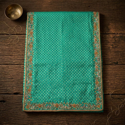 Sanskriti Vintage Green Pure Crepe Dupatta/Stole Hand Embroidery Zari-Woven Veil