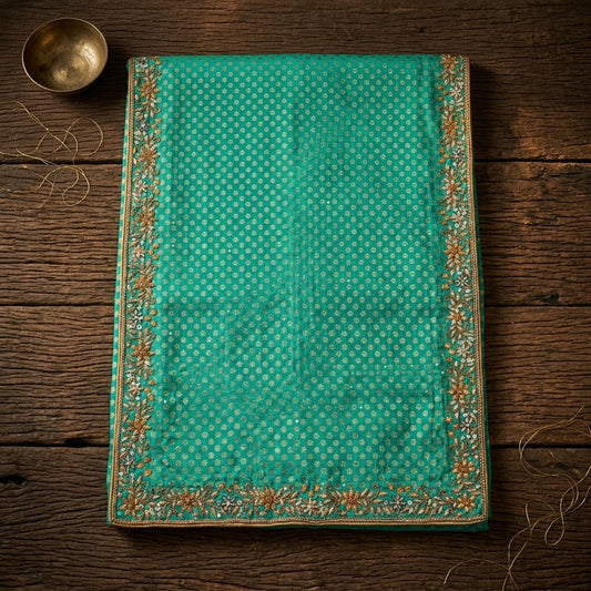 Sanskriti Vintage Green Pure Crepe Dupatta/Stole Hand Embroidery Zari-Woven Veil