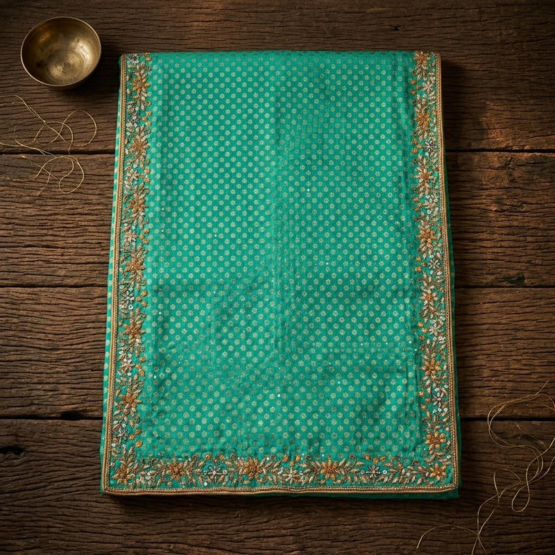 Sanskriti Vintage Green Pure Crepe Dupatta/Stole Hand Embroidery Zari-Woven Veil