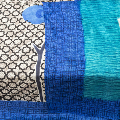 Sanskriti Vintage White-Blue Pure Silk Dupatta/Stole Floral Printed Indian Veil
