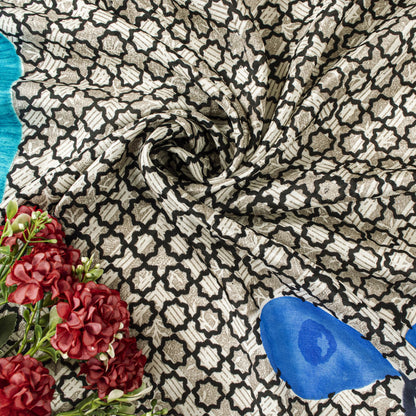 Sanskriti Vintage White-Blue Pure Silk Dupatta/Stole Floral Printed Indian Veil