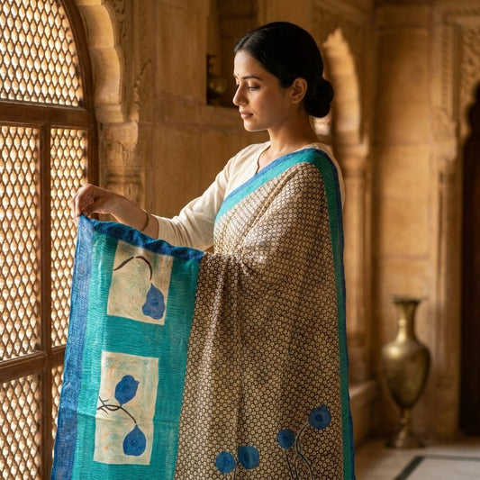 Sanskriti Vintage White-Blue Pure Silk Dupatta/Stole Floral Printed Indian Veil