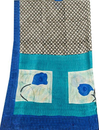 Sanskriti Vintage White-Blue Pure Silk Dupatta/Stole Floral Printed Indian Veil