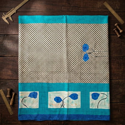 Sanskriti Vintage White-Blue Pure Silk Dupatta/Stole Floral Printed Indian Veil