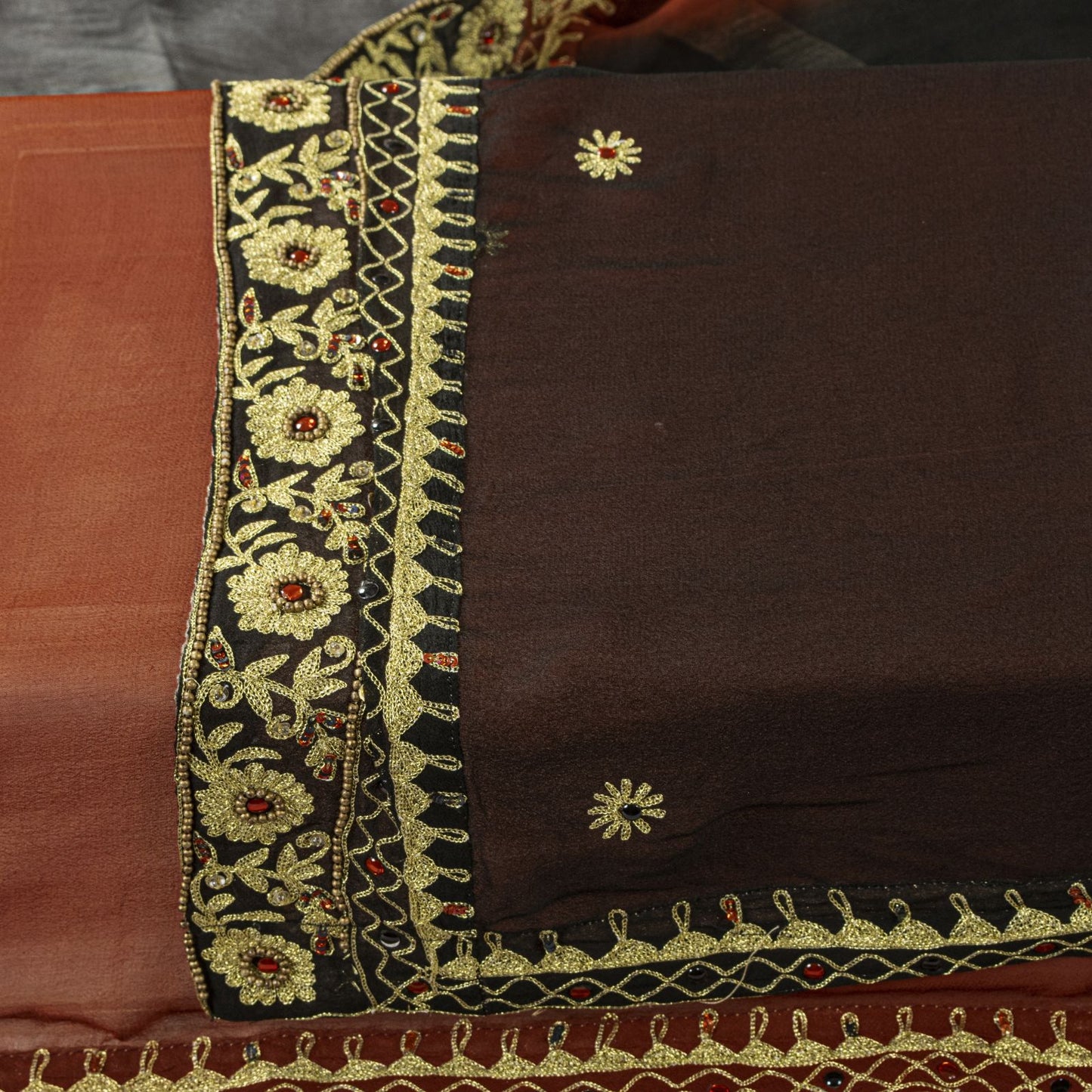 Sanskriti Vintage Brown Pure Georgette Dupatta/Stole Hand Beaded Bollywood Veil