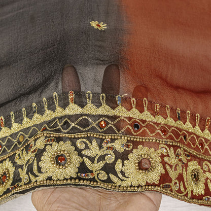 Sanskriti Vintage Brown Pure Georgette Dupatta/Stole Hand Beaded Bollywood Veil