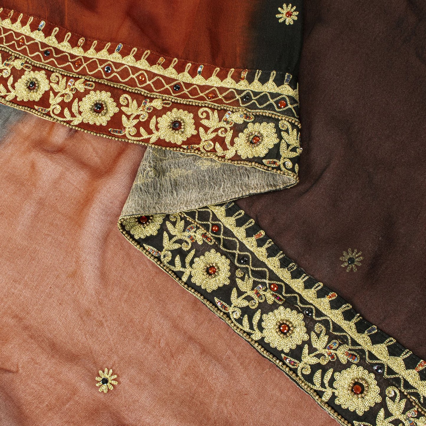 Sanskriti Vintage Brown Pure Georgette Dupatta/Stole Hand Beaded Bollywood Veil