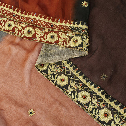 Sanskriti Vintage Brown Pure Georgette Dupatta/Stole Hand Beaded Bollywood Veil