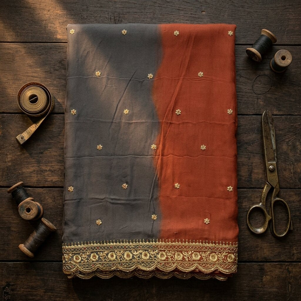 Sanskriti Vintage Brown Pure Georgette Dupatta/Stole Hand Beaded Bollywood Veil