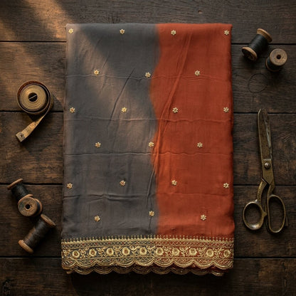 Sanskriti Vintage Brown Pure Georgette Dupatta/Stole Hand Beaded Bollywood Veil