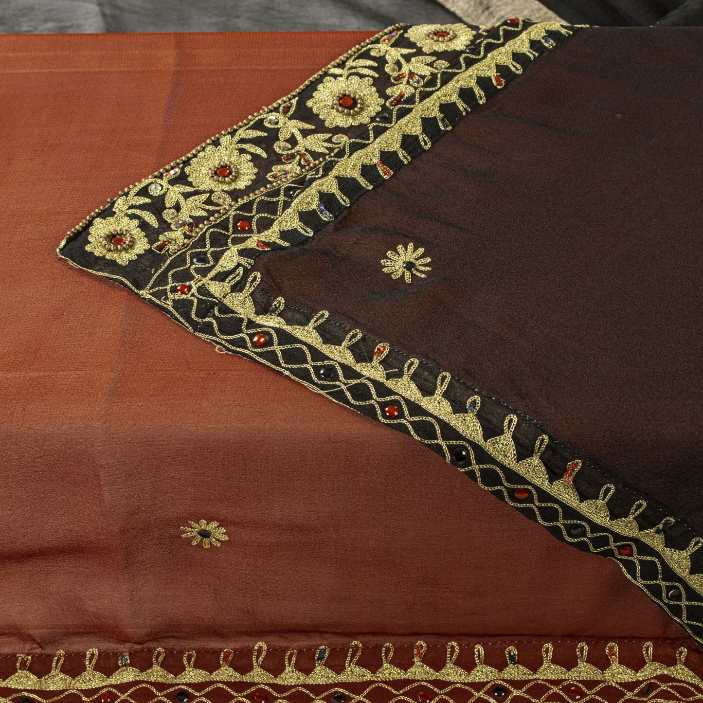 Sanskriti Vintage Brown Pure Georgette Dupatta/Stole Hand Beaded Bollywood Veil