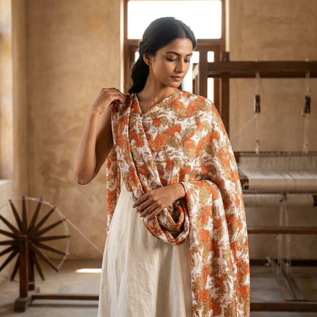 Sanskriti Vintage White Georgette Dupatta/Stole Floral Printed Premium Neck Veil