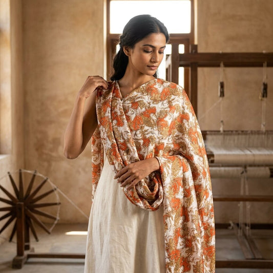 Sanskriti Vintage White Georgette Dupatta/Stole Floral Printed Premium Neck Veil