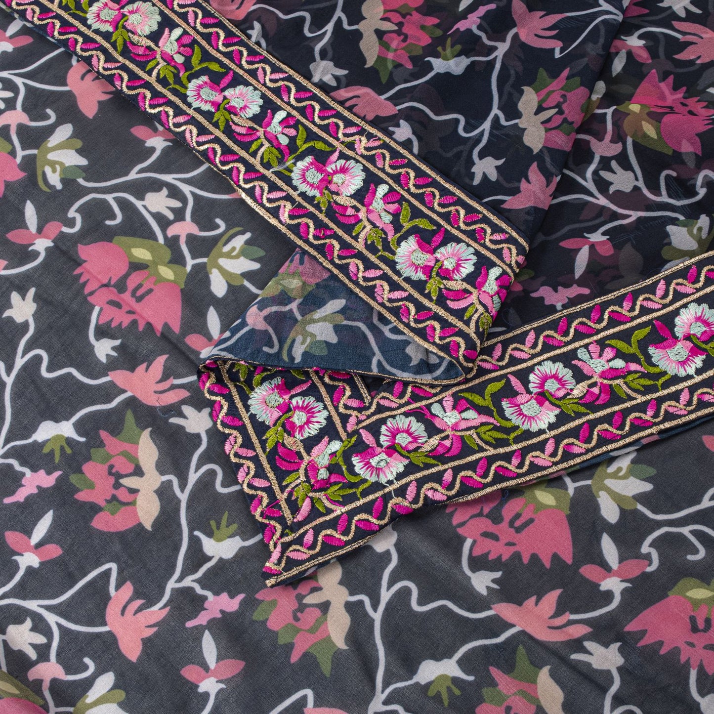 Sanskriti Vintage Blue Georgette Dupatta/Stole Floral Print-Embroidered Patch