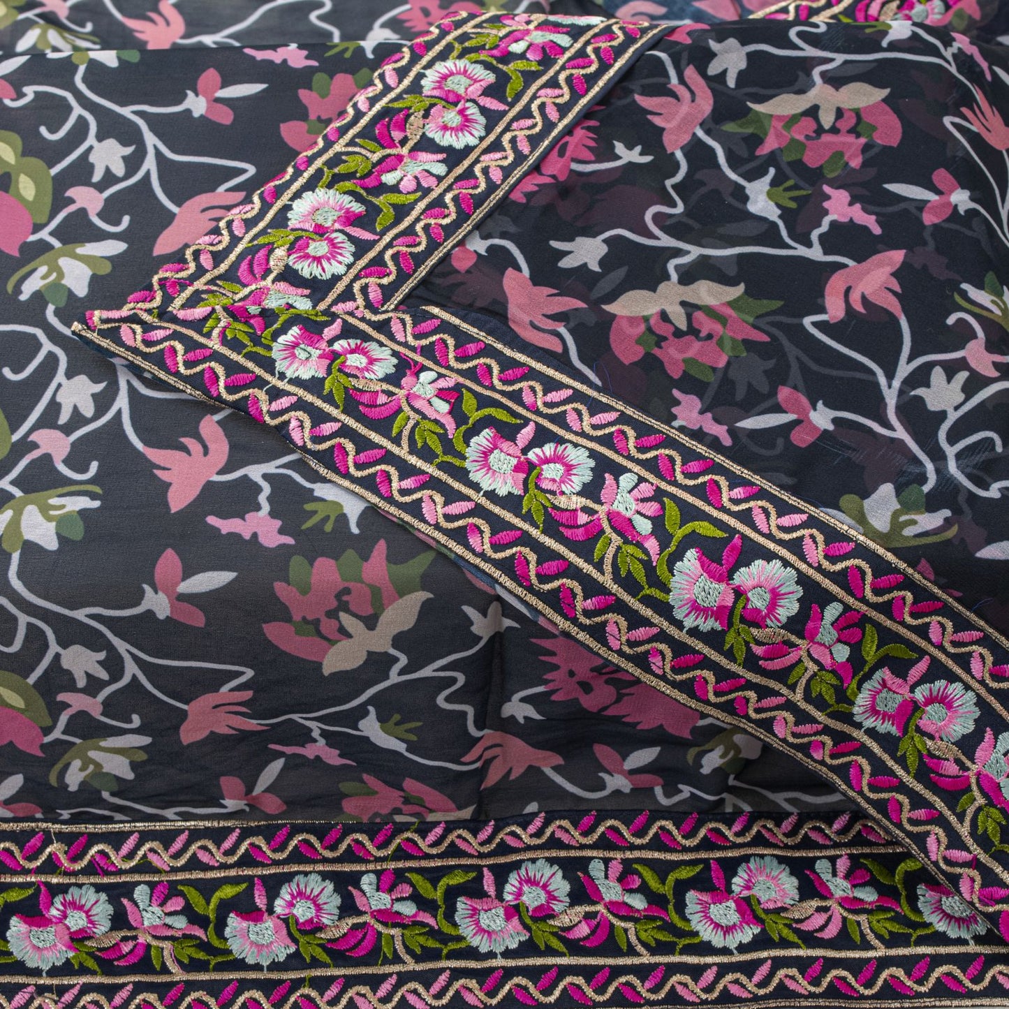 Sanskriti Vintage Blue Georgette Dupatta/Stole Floral Print-Embroidered Patch