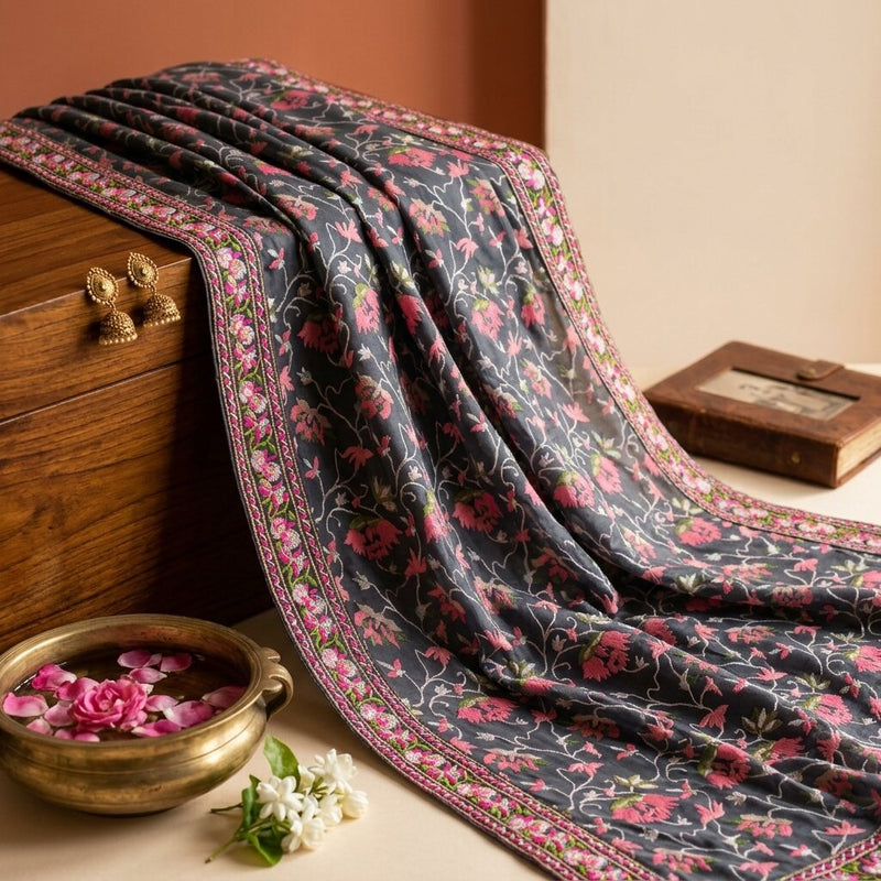 Sanskriti Vintage Blue Georgette Dupatta/Stole Floral Print-Embroidered Patch