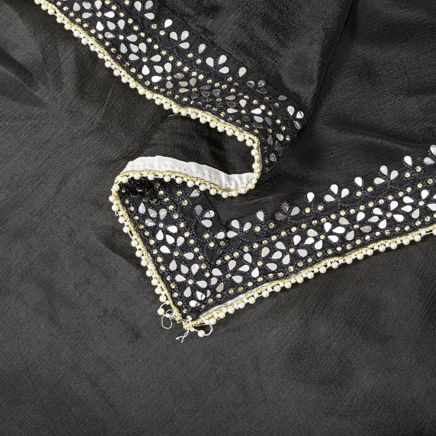 Sanskriti Vintage Dupatta/Stole Black Pure Silk Hand Embroidered-Solid Mirror