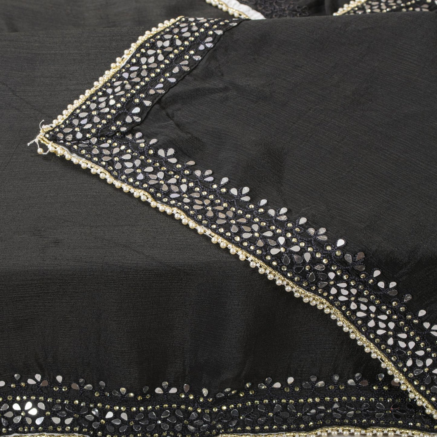 Sanskriti Vintage Dupatta/Stole Black Pure Silk Hand Embroidered-Solid Mirror