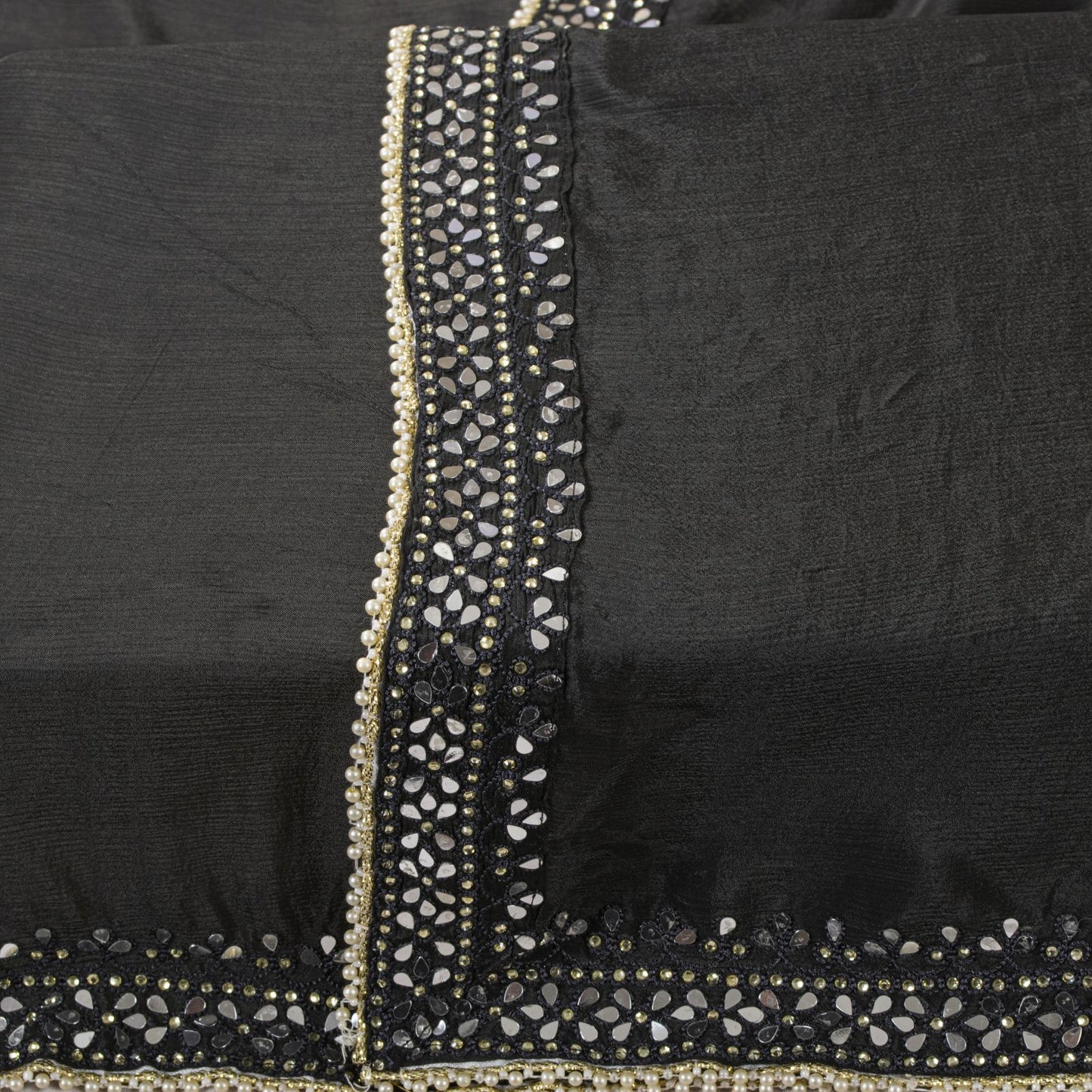 Sanskriti Vintage Dupatta/Stole Black Pure Silk Hand Embroidered-Solid Mirror