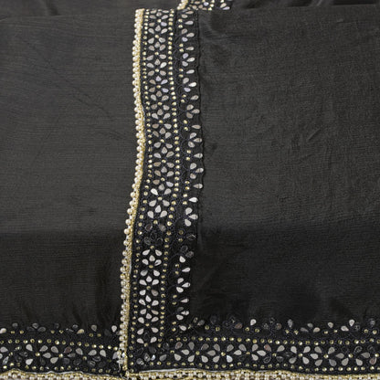 Sanskriti Vintage Dupatta/Stole Black Pure Silk Hand Embroidered-Solid Mirror