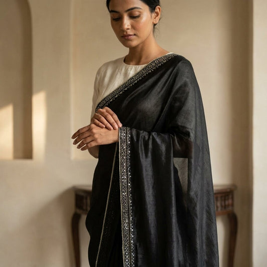 Sanskriti Vintage Dupatta/Stole Black Pure Silk Hand Embroidered-Solid Mirror