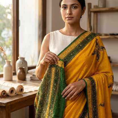Sanskriti Vintage Yellow Pure Silk Dupatta/Stole Printed-Zari Woven-Mukesh Veil
