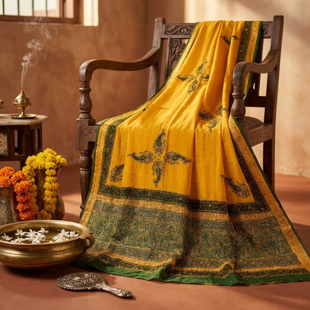 Sanskriti Vintage Yellow Pure Silk Dupatta/Stole Printed-Zari Woven-Mukesh Veil