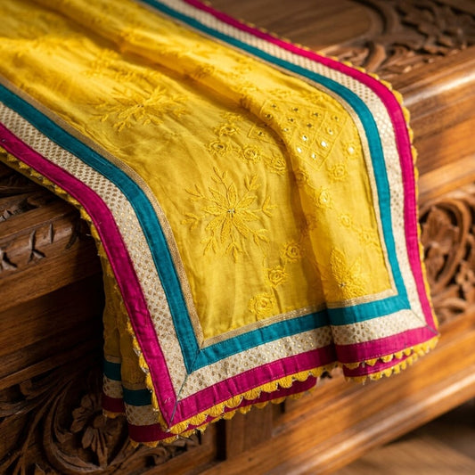 Sanskriti Vintage Dupatta/Stole Yellow Pure Georgette Hand Embroidery Chikankari