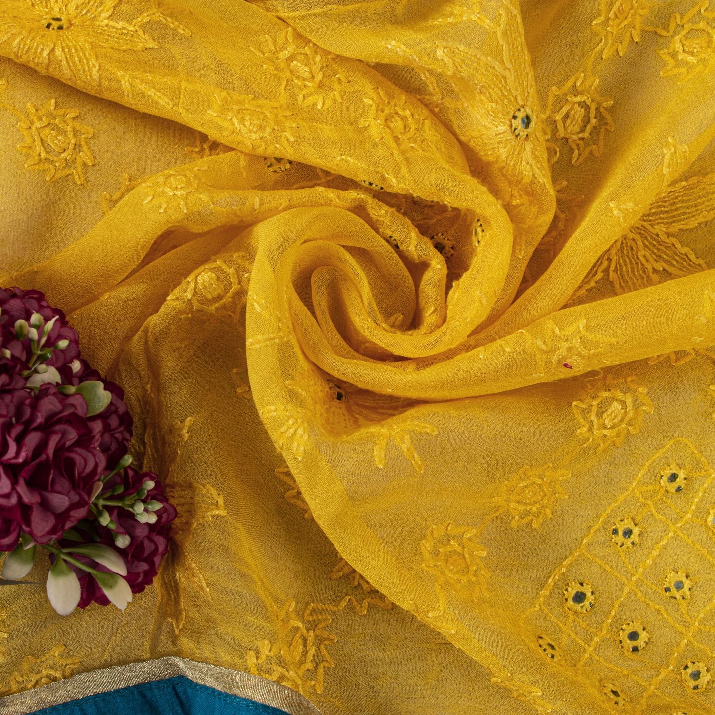 Sanskriti Vintage Dupatta/Stole Yellow Pure Georgette Hand Embroidery Chikankari