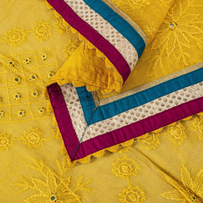 Sanskriti Vintage Dupatta/Stole Yellow Pure Georgette Hand Embroidery Chikankari