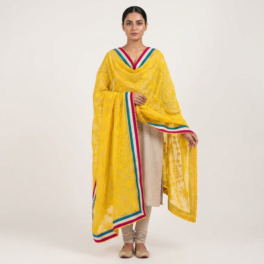 Sanskriti Vintage Dupatta/Stole Yellow Pure Georgette Hand Embroidery Chikankari