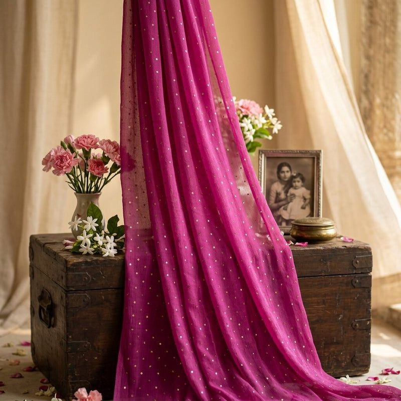 Sanskriti Vintage Pink Pure Georgette Dupatta/Stole Fardi Mukesh Work Veil