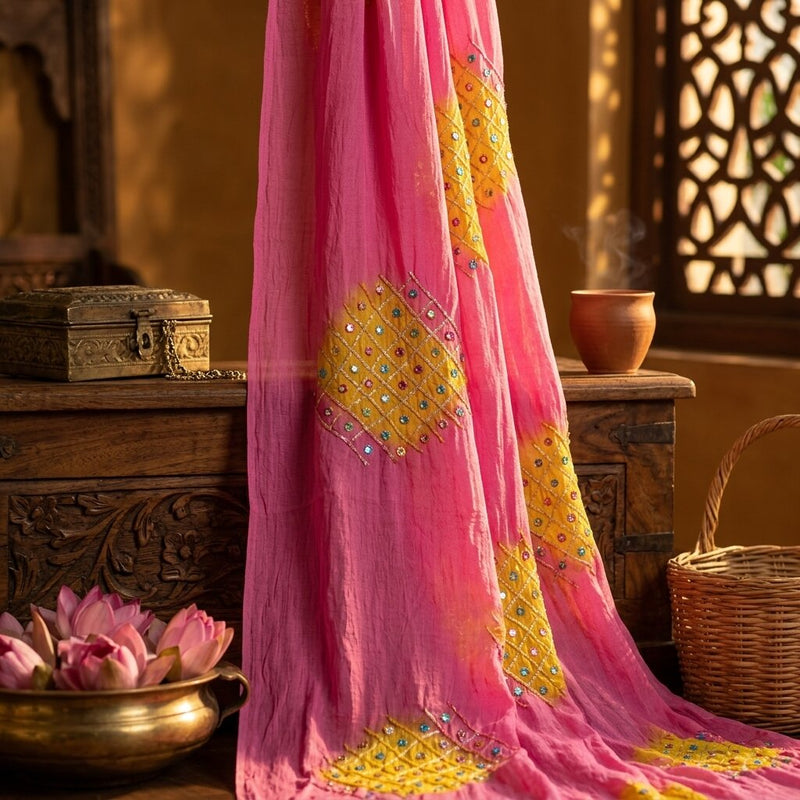 Sanskriti Vintage Dupatta/Stole Pink Pure Georgette Hand Beaded Bollywood Veil