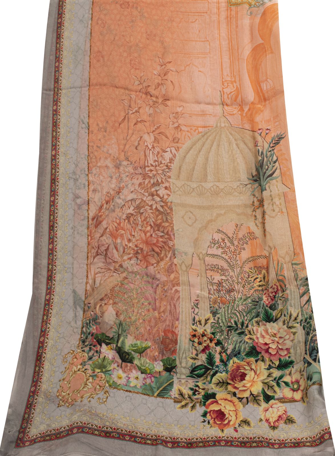 Sanskriti Vintage Peach Pure Silk Dupatta/Stole Digital Floral Floral Print Veil