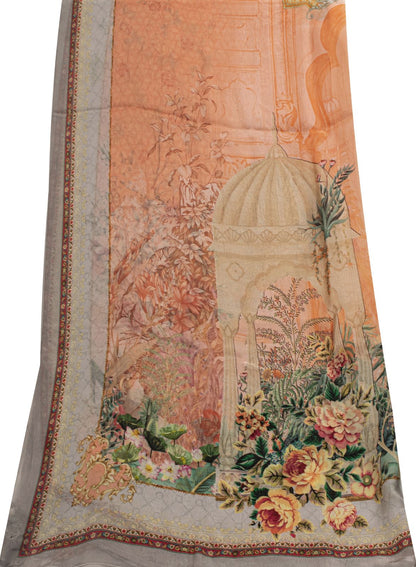 Sanskriti Vintage Peach Pure Silk Dupatta/Stole Digital Floral Floral Print Veil