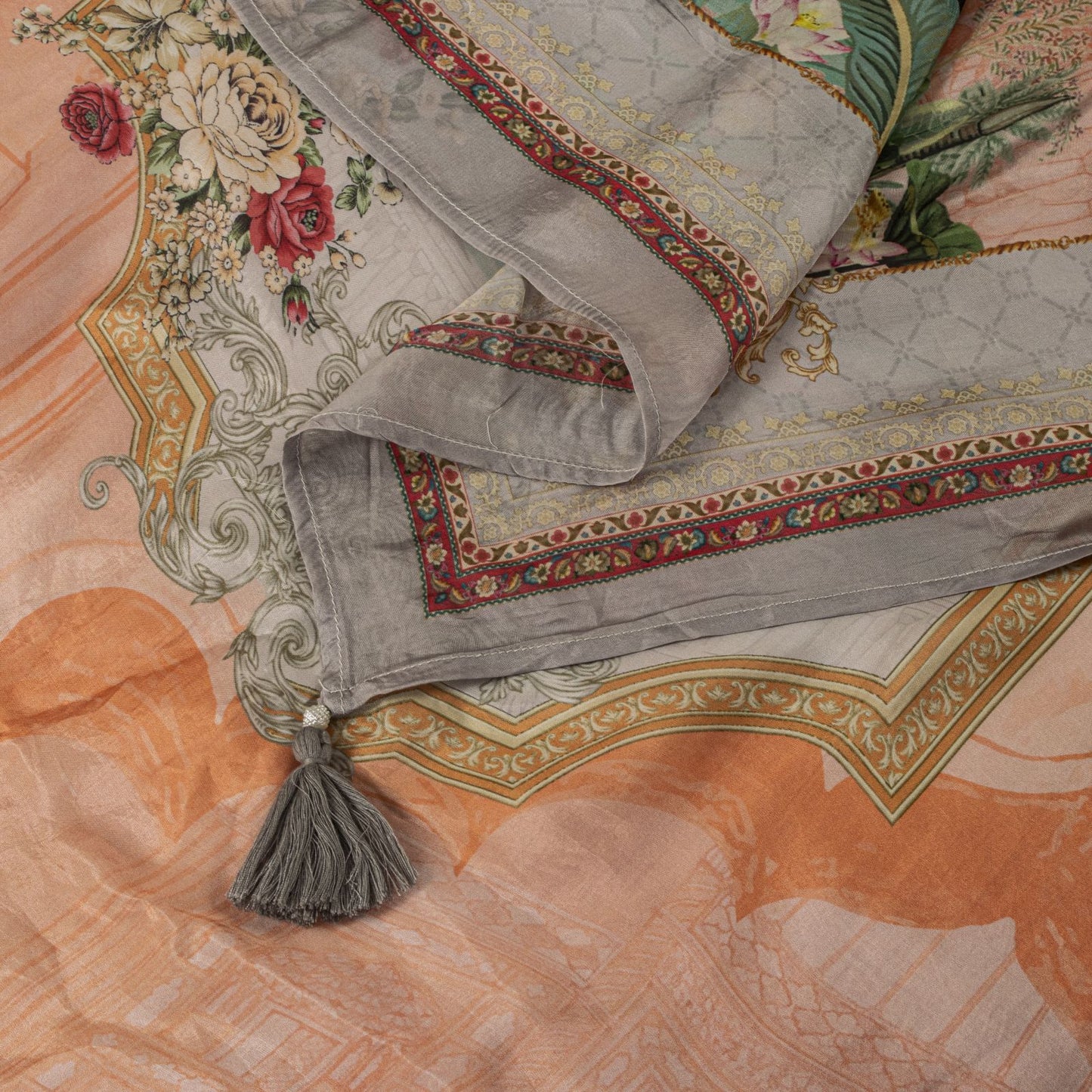 Sanskriti Vintage Peach Pure Silk Dupatta/Stole Digital Floral Floral Print Veil