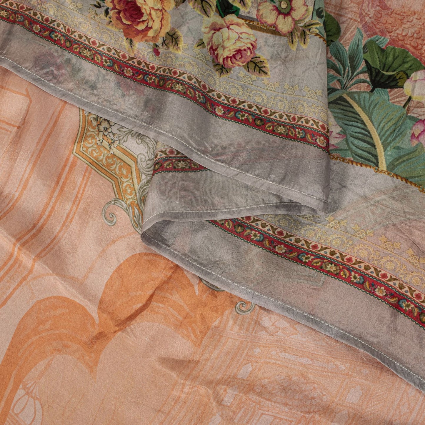 Sanskriti Vintage Peach Pure Silk Dupatta/Stole Digital Floral Floral Print Veil