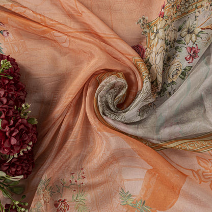 Sanskriti Vintage Peach Pure Silk Dupatta/Stole Digital Floral Floral Print Veil