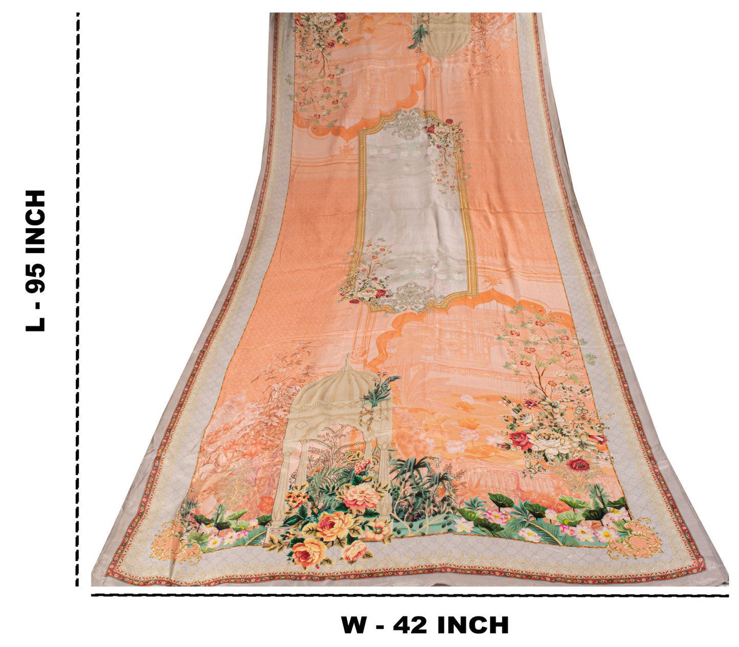 Sanskriti Vintage Peach Pure Silk Dupatta/Stole Digital Floral Floral Print Veil