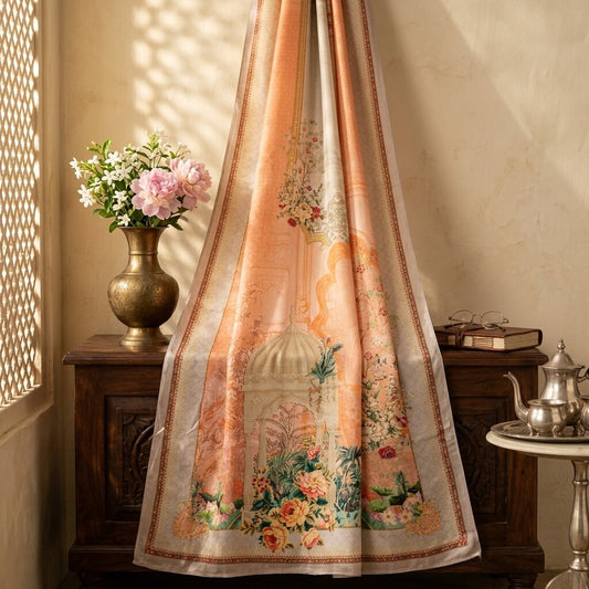 Sanskriti Vintage Peach Pure Silk Dupatta/Stole Digital Floral Floral Print Veil
