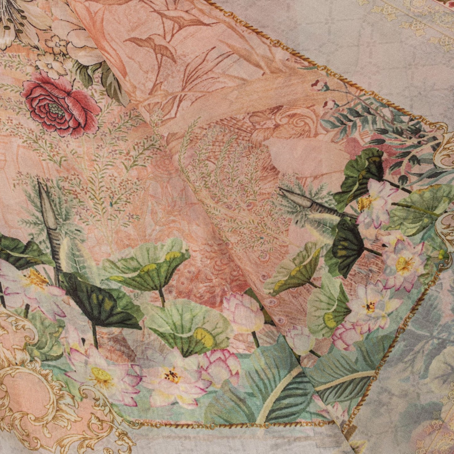 Sanskriti Vintage Peach Pure Silk Dupatta/Stole Digital Floral Floral Print Veil