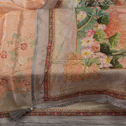 Sanskriti Vintage Peach Pure Silk Dupatta/Stole Digital Floral Floral Print Veil