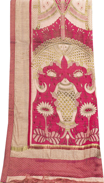 Sanskriti Vintage Pink Cotton Silk Dupatta/Stole Machlipatanam Kalamkari Veil
