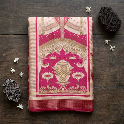 Sanskriti Vintage Pink Cotton Silk Dupatta/Stole Machlipatanam Kalamkari Veil