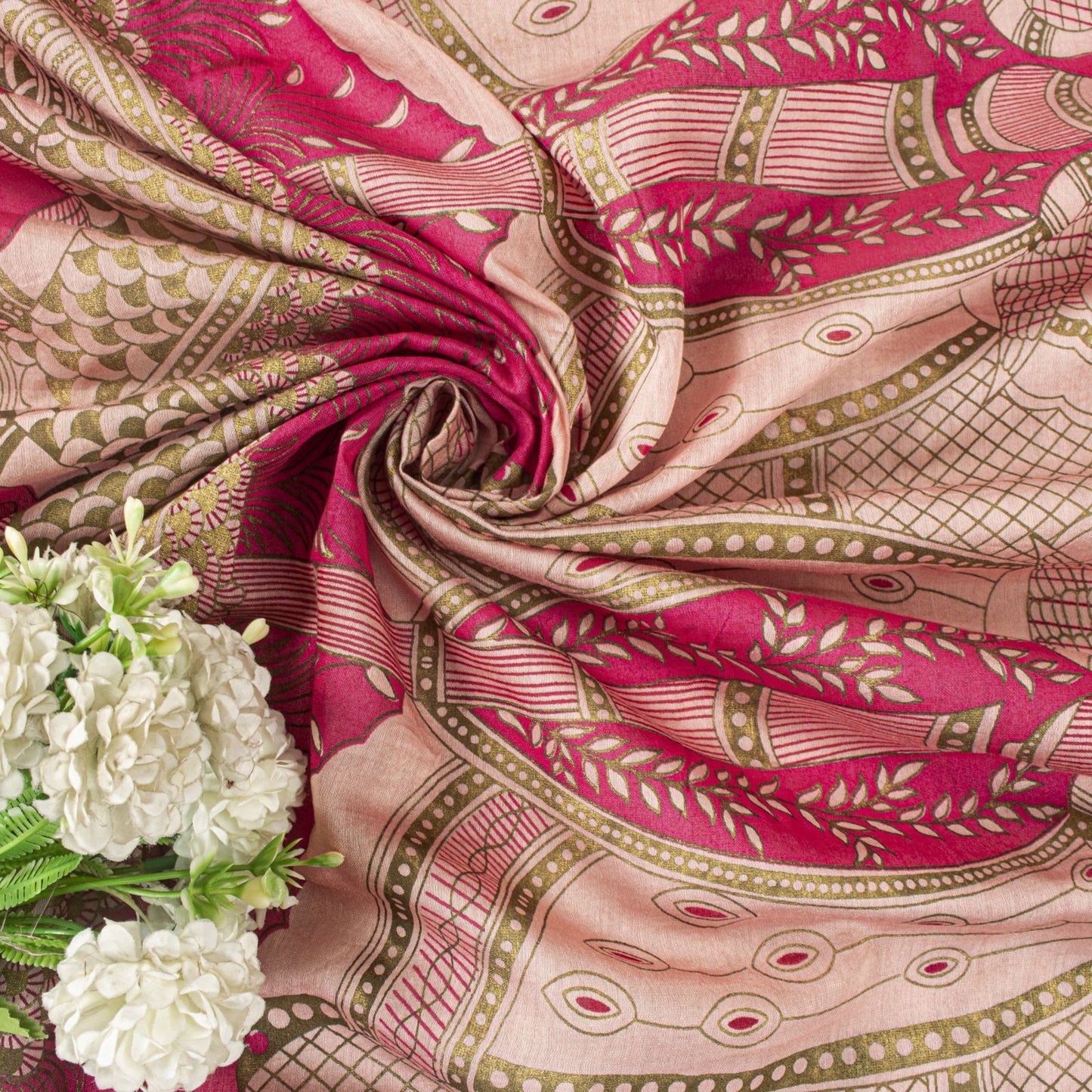 Sanskriti Vintage Pink Cotton Silk Dupatta/Stole Machlipatanam Kalamkari Veil